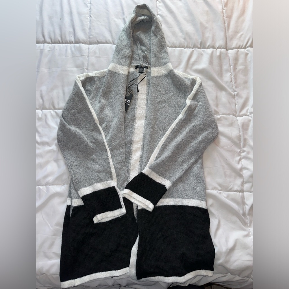 Cozy Hooded Open-Front Colorblock Sweater Cardigan - Gray/Black